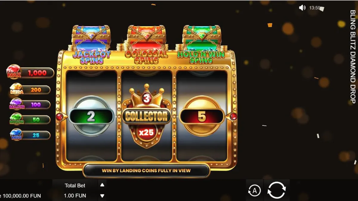 Visual luxuoso e brilhante do slot Bling Blitz Diamond Drop com diamantes e moedas douradas